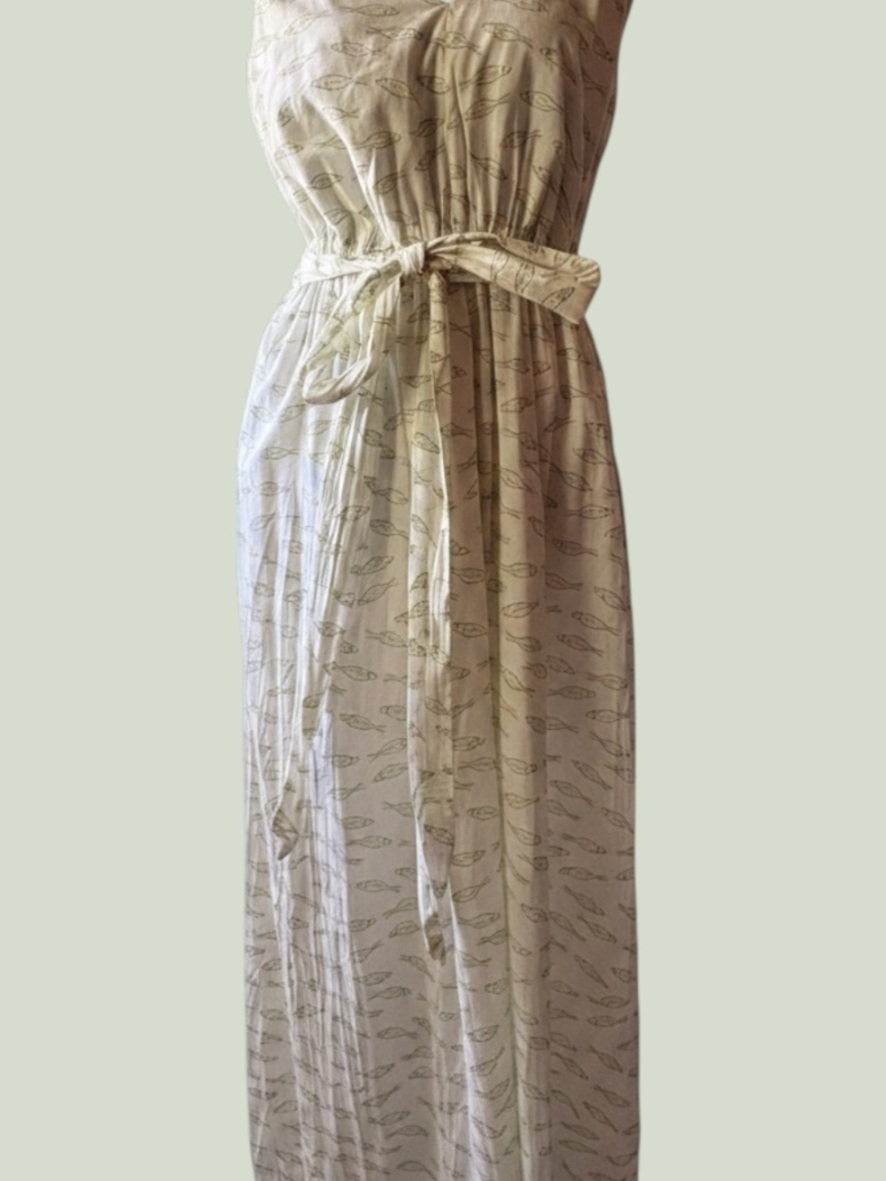A New Day V-Neck Halter TopSleeveless Maxi Dress White w Green Sardine Print S